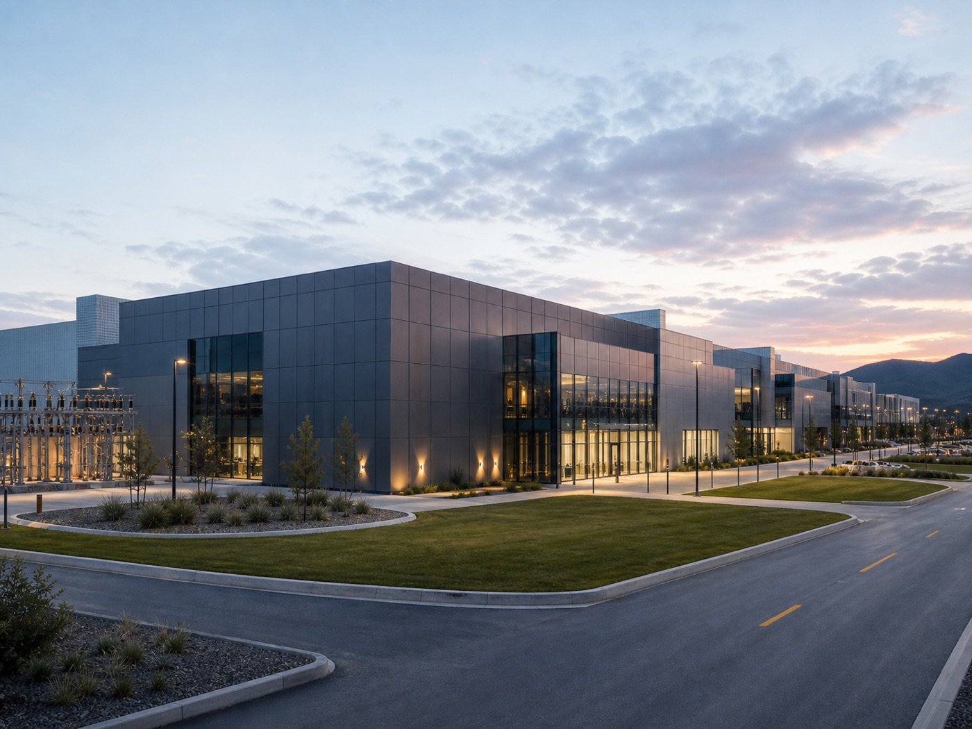 Modern data center campus at dusk with substation