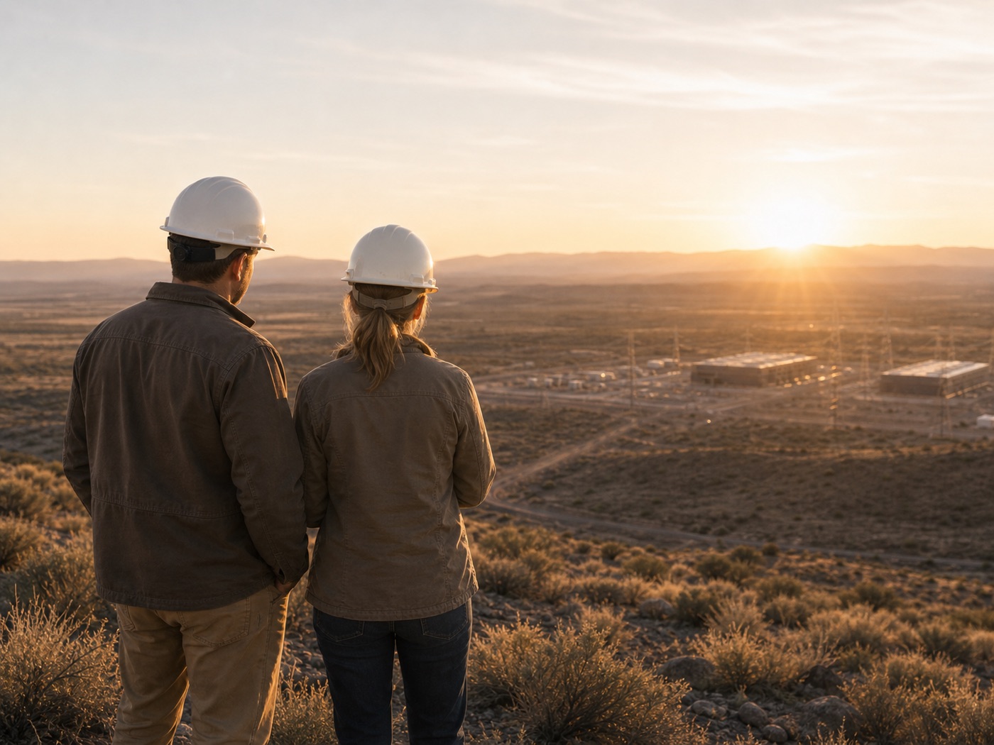 Two engineers overlooking a development site at sunset