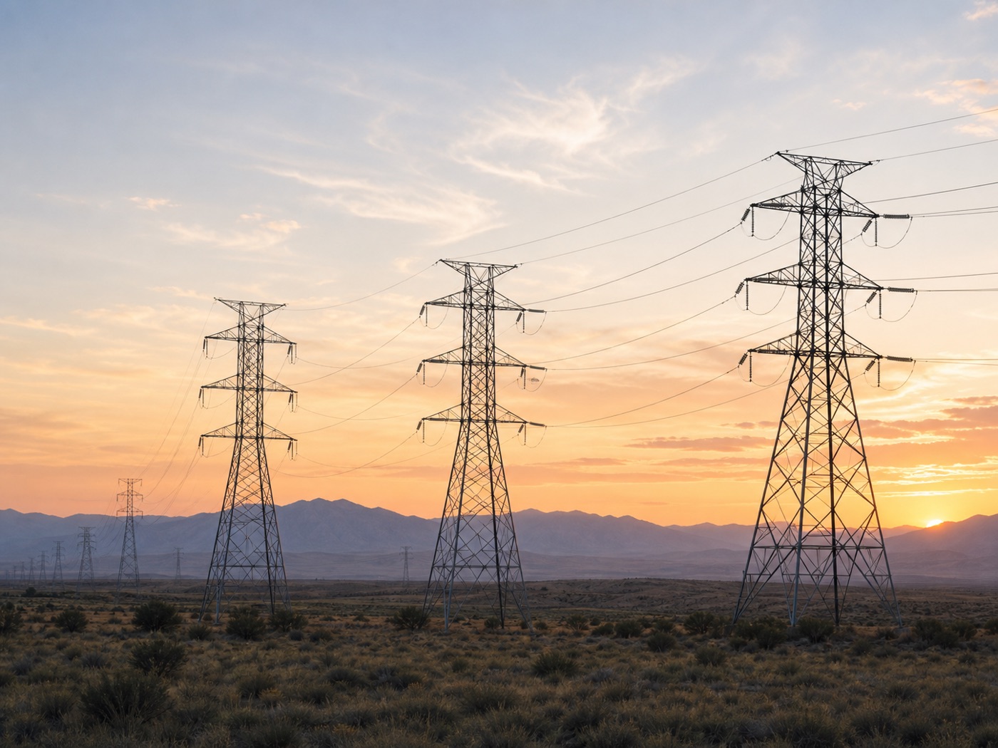 High-voltage transmission towers at sunset